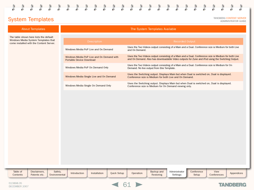 TANDBERG S3 manual About Templates System Templates Available 