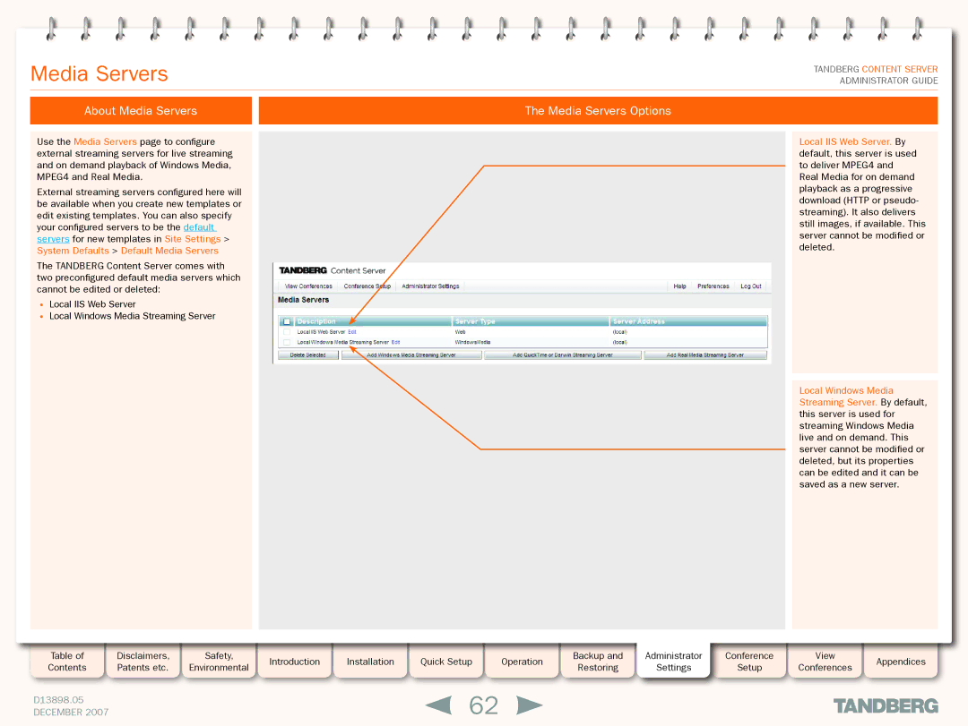 TANDBERG S3 manual About Media Servers Media Servers Options 