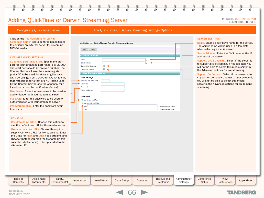 TANDBERG S3 manual Adding QuickTime or Darwin Streaming Server, Configuring QuickTime Server 