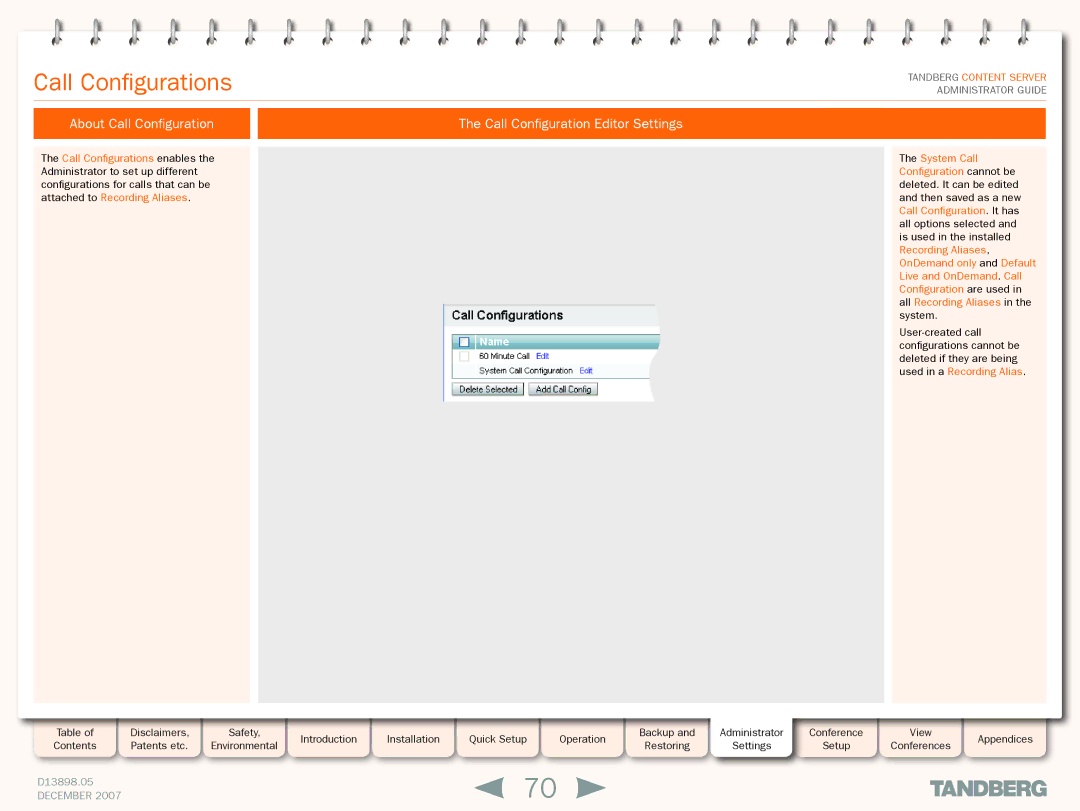 TANDBERG S3 manual Call Configurations, About Call Configuration Call Configuration Editor Settings 