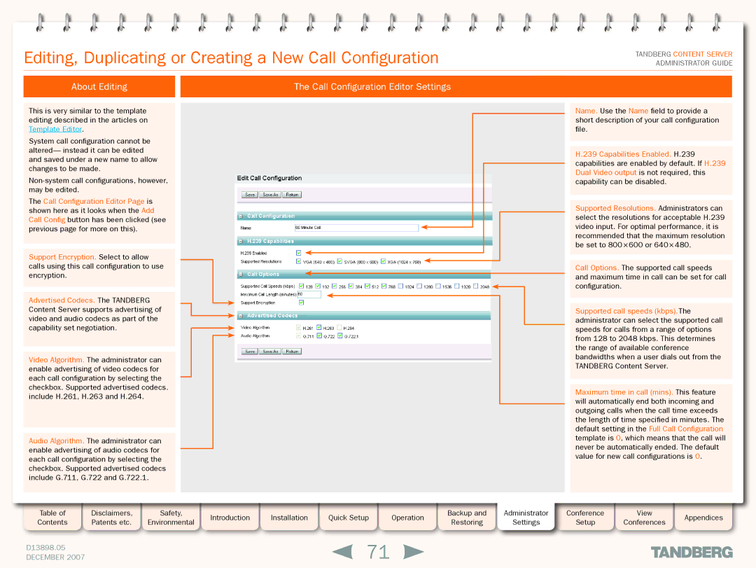 TANDBERG S3 manual Editing, Duplicating or Creating a New Call Configuration, About Editing 