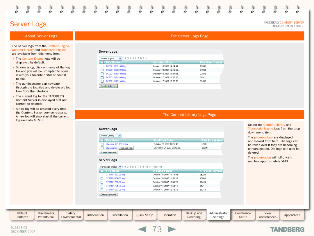 TANDBERG S3 About Server Logs, Server Logs Content Library Logs, Content Engine logs will be displayed by default 