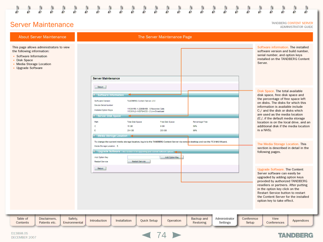 TANDBERG S3 manual About Server Maintenance 