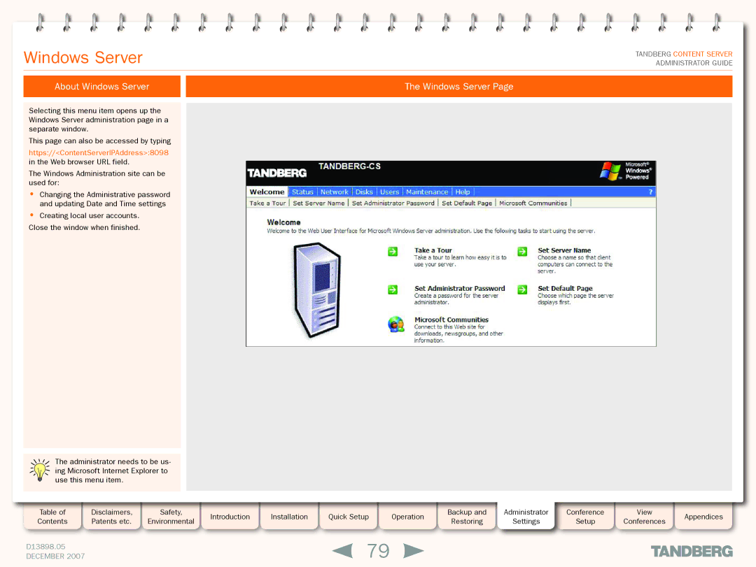 TANDBERG S3 manual About Windows Server 