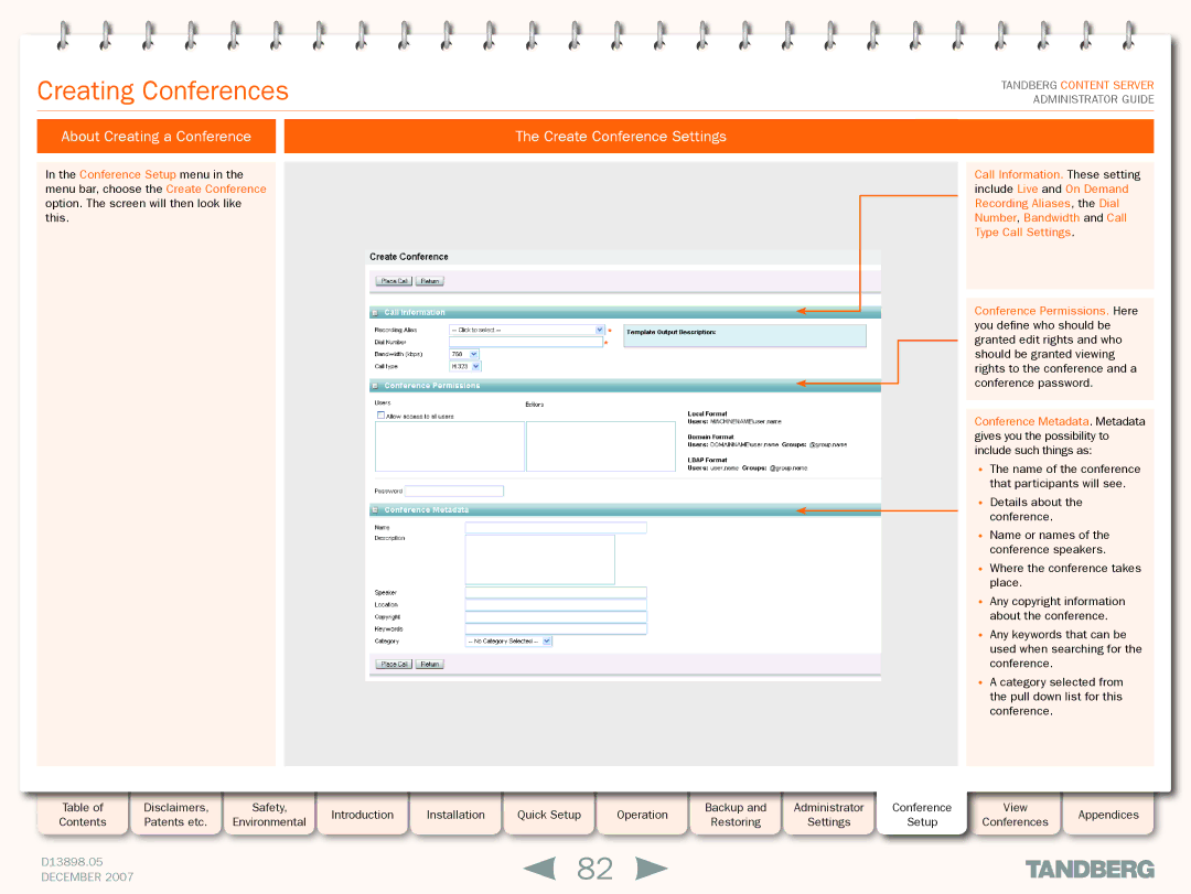 TANDBERG S3 manual Creating Conferences, About Creating a Conference Create Conference Settings 