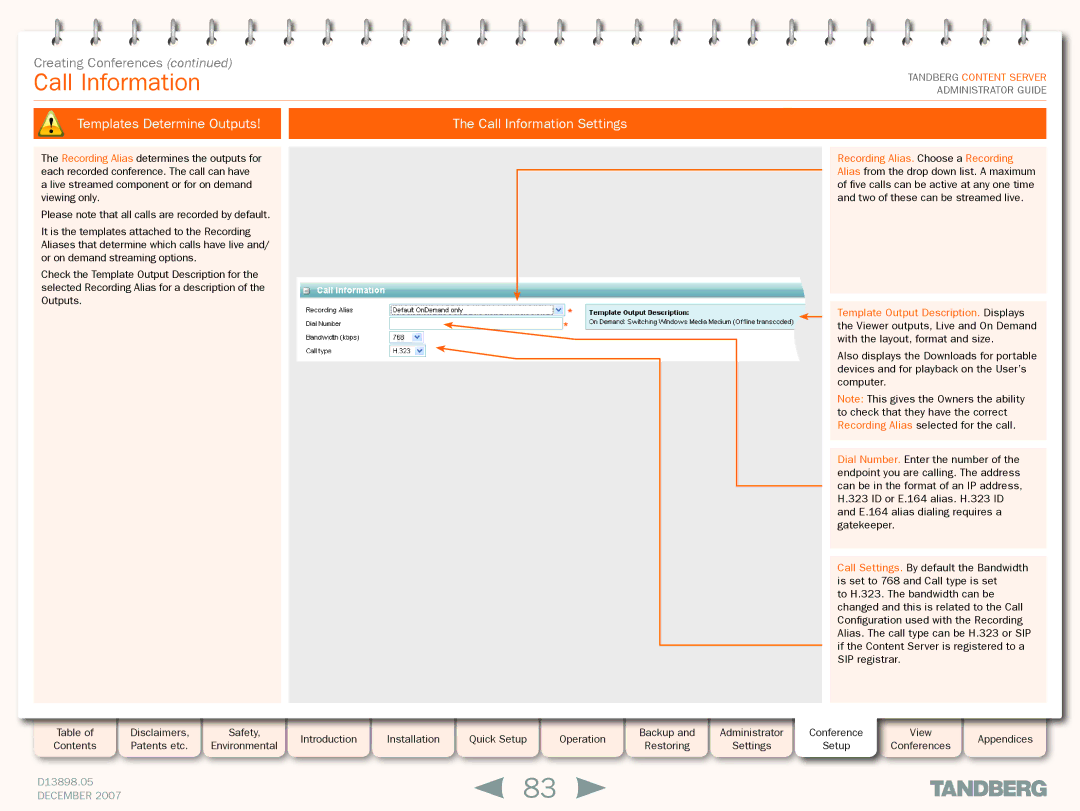 TANDBERG S3 manual Templates Determine Outputs Call Information Settings 