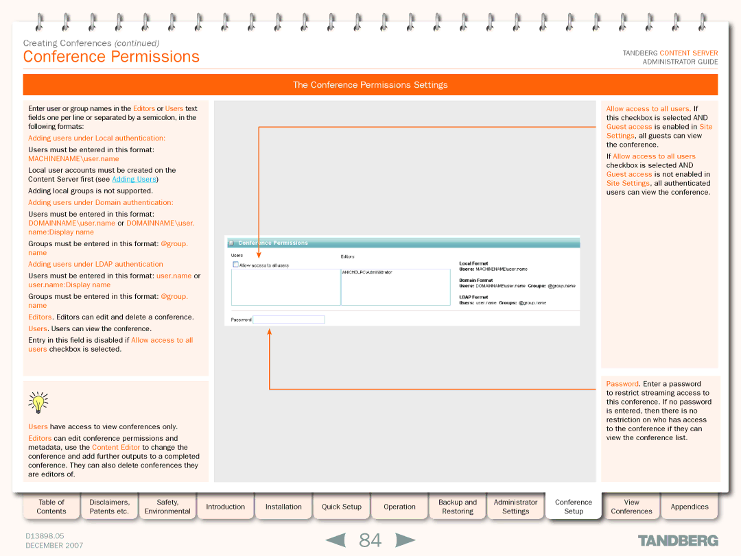 TANDBERG S3 manual Conference Permissions Settings, Adding users under Local authentication 