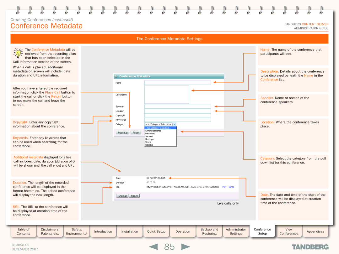 TANDBERG S3 manual Conference Metadata Settings, Conference Metadata will be 