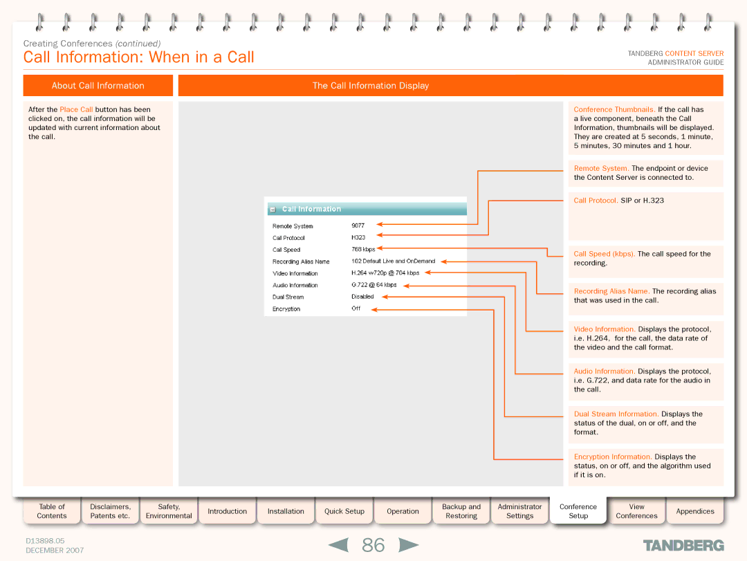 TANDBERG S3 manual Call Information When in a Call, About Call Information Call Information Display 