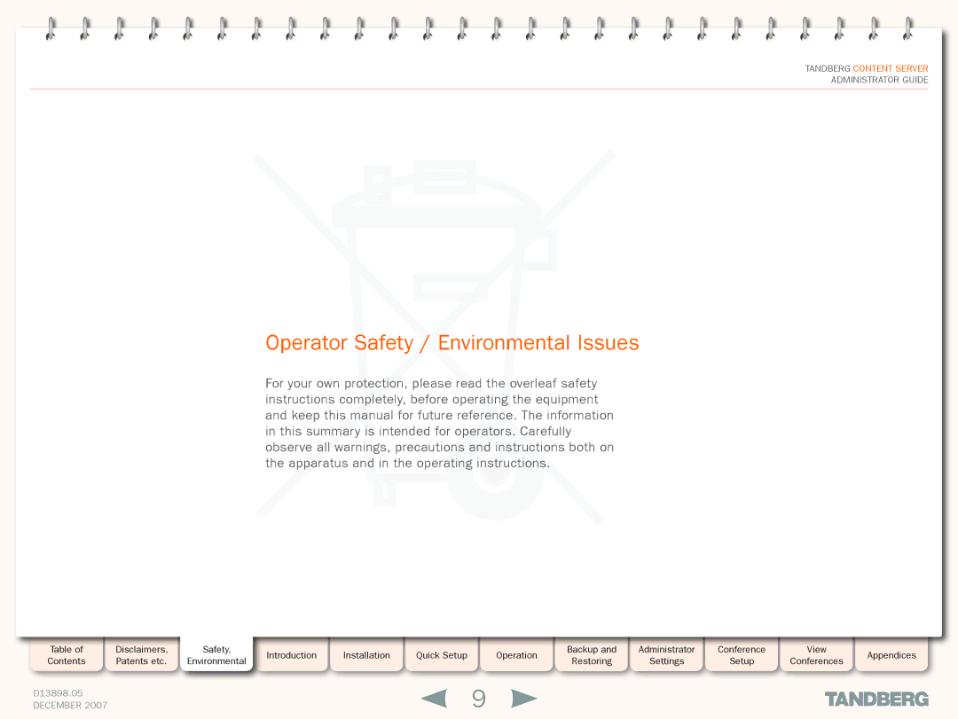 TANDBERG S3 manual Operator Safety / Environmental Issues 