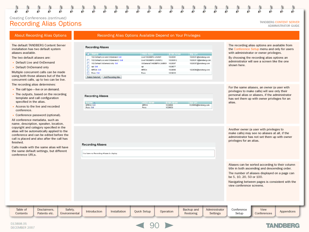 TANDBERG S3 manual Recording Alias Options 