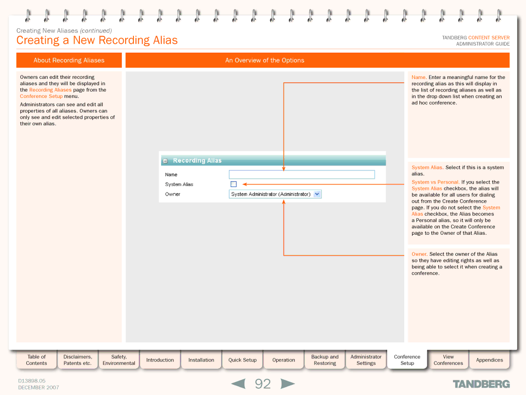 TANDBERG S3 manual Creating a New Recording Alias, About Recording Aliases An Overview of the Options 