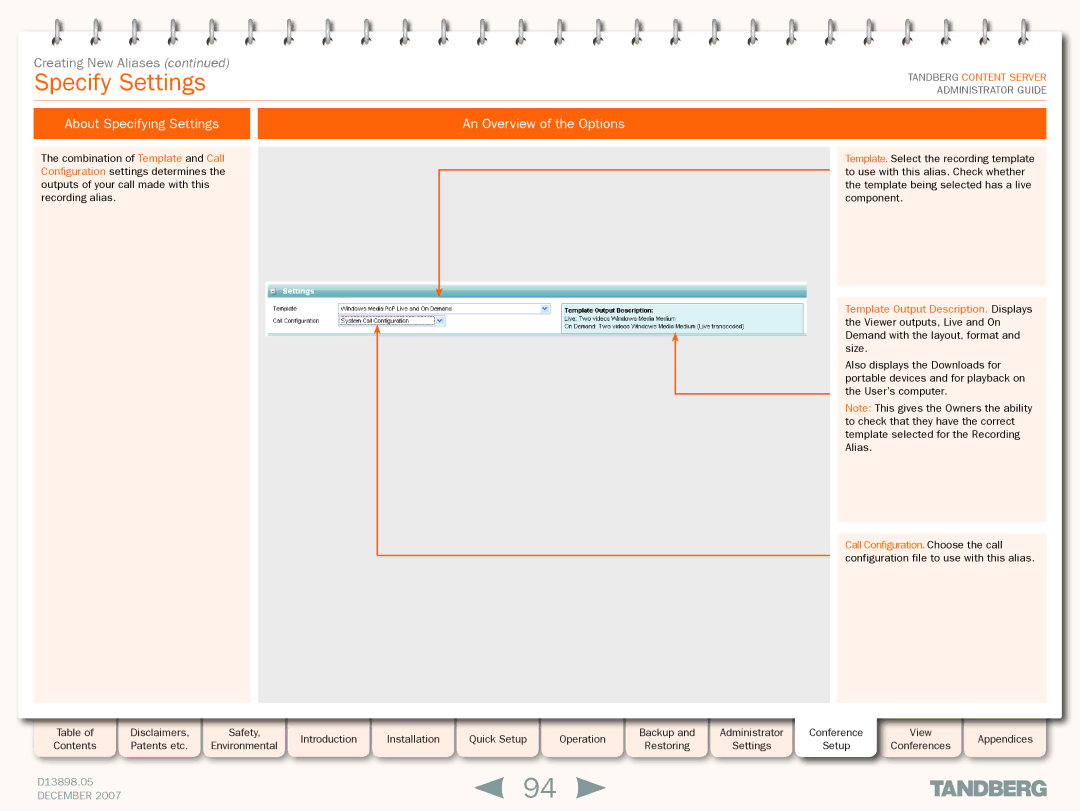 TANDBERG S3 manual Specify Settings, About Specifying Settings An Overview of the Options 