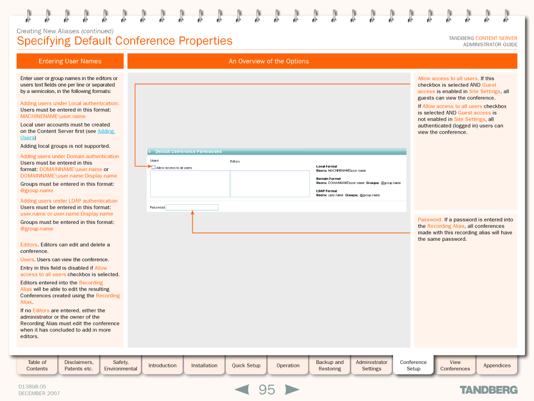 TANDBERG S3 manual Specifying Default Conference Properties, Entering User Names An Overview of the Options 