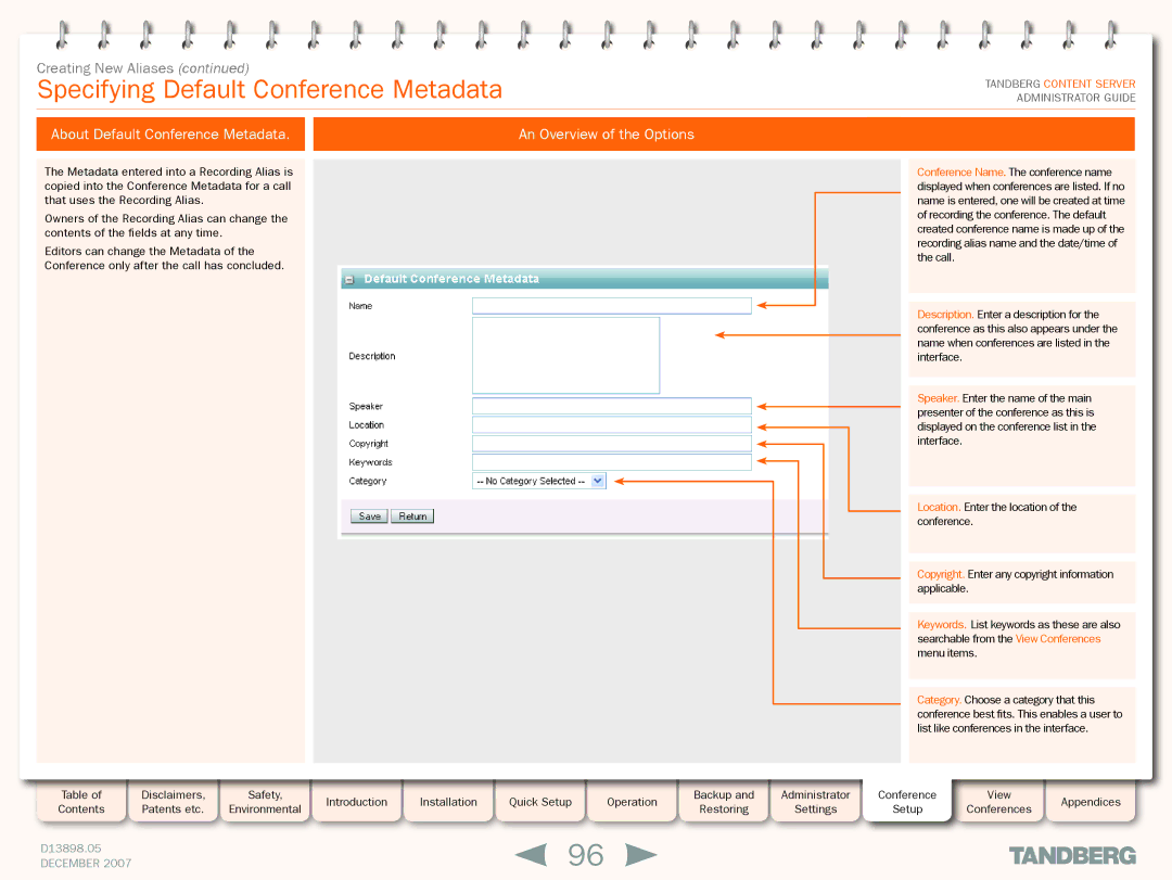 TANDBERG S3 manual Specifying Default Conference Metadata, About Default Conference Metadata An Overview of the Options 