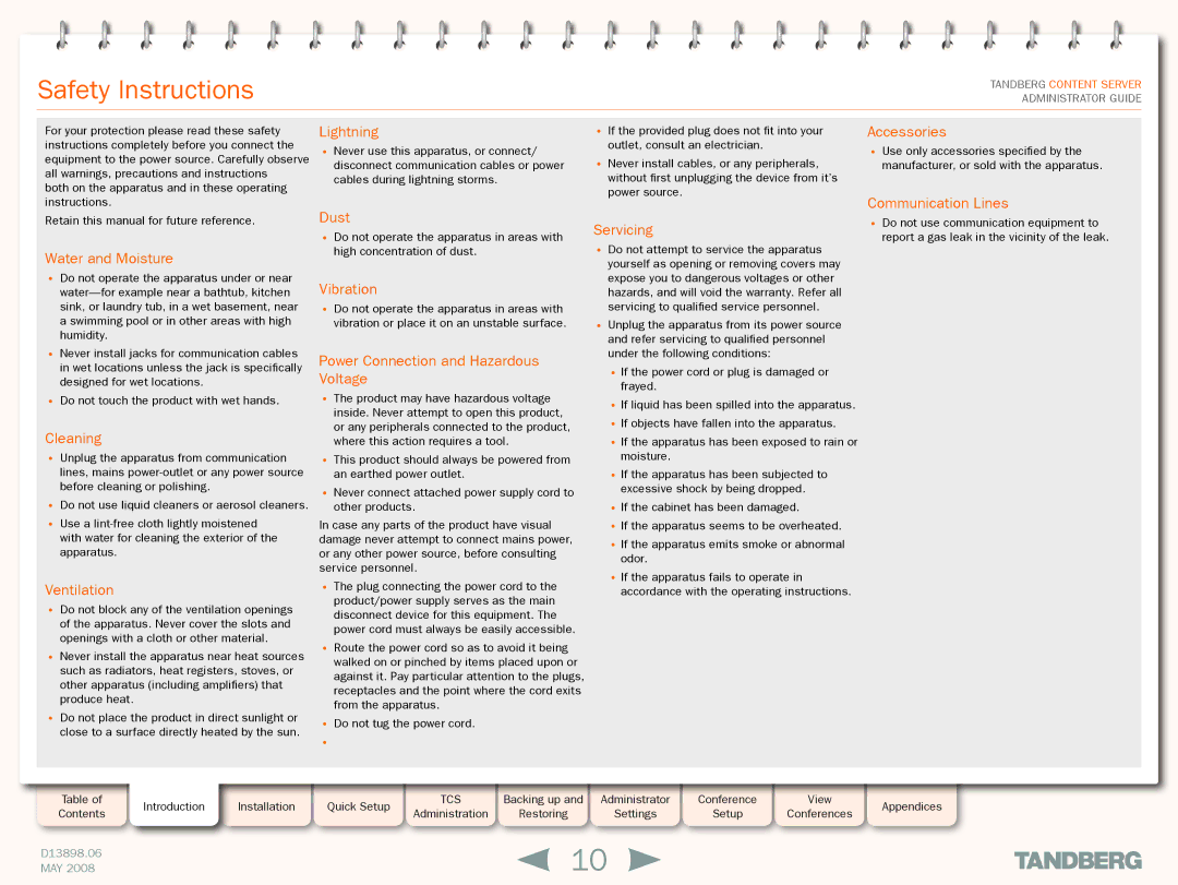 TANDBERG S3.1 manual Safety Instructions, Lightning 