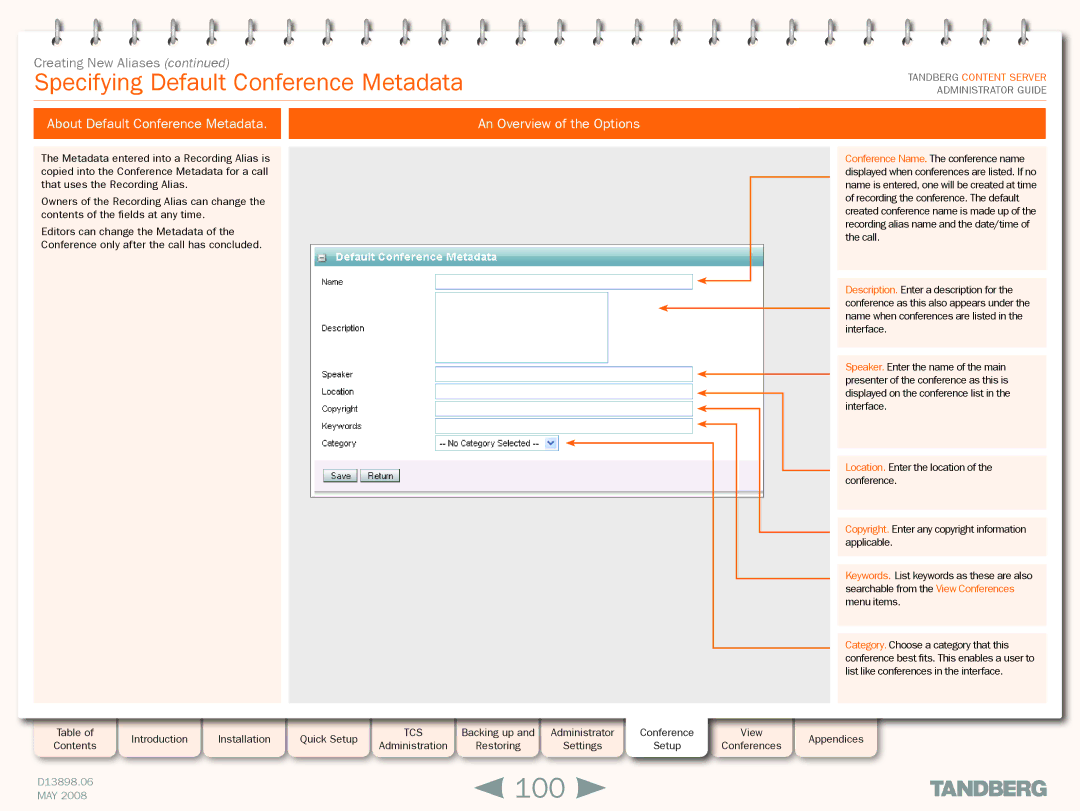 TANDBERG S3.1 manual 100, Specifying Default Conference Metadata 