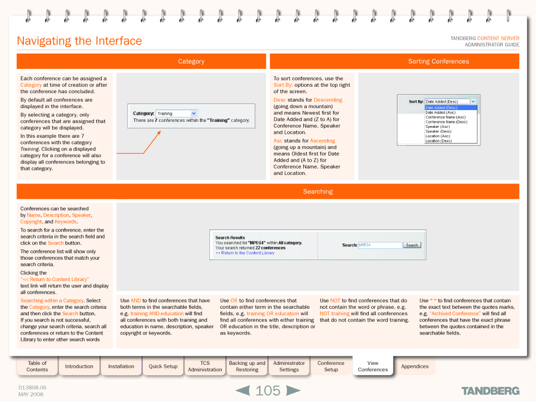 TANDBERG S3.1 manual 105, Navigating the Interface, Category Sorting Conferences, Searching, Return to Content Library 