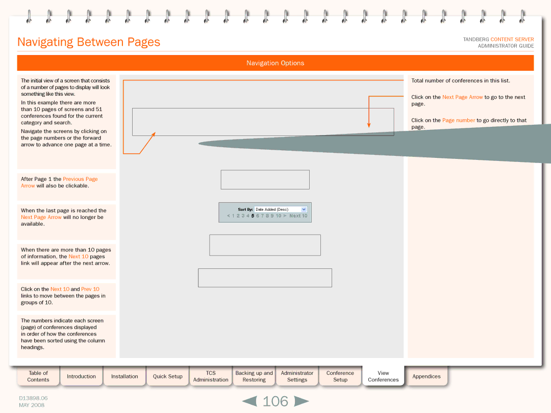 TANDBERG S3.1 manual 106, Navigating Between Pages, Navigation Options 