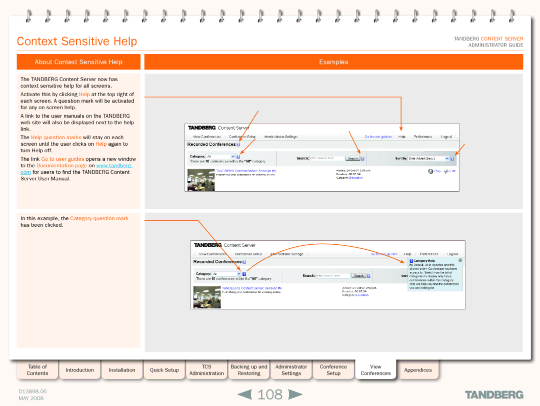 TANDBERG S3.1 108, About Context Sensitive Help, Examples, This example, the Category question mark has been clicked 