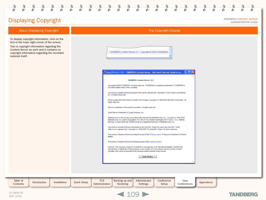 TANDBERG S3.1 manual 109, About Displaying Copyright Copyright Display 