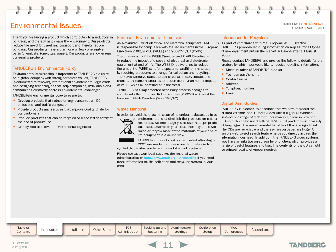 TANDBERG S3.1 manual Environmental Issues, TANDBERG’s Environmental Policy 