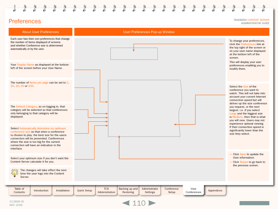 TANDBERG S3.1 manual 110, About User Preferences 