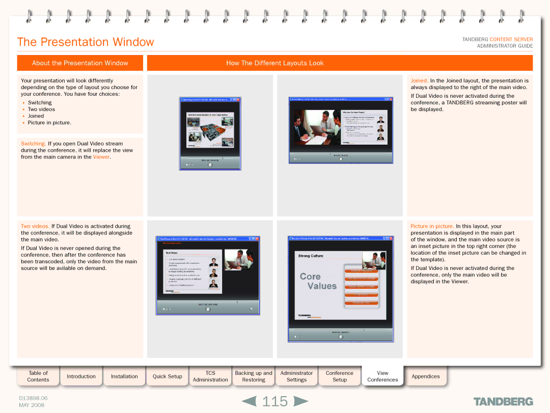 TANDBERG S3.1 manual 115, About the Presentation Window, How The Different Layouts Look 