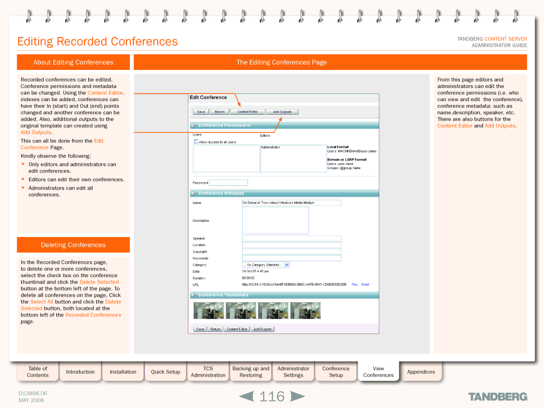 TANDBERG S3.1 manual 116, Editing Recorded Conferences, About Editing Conferences, Deleting Conferences 