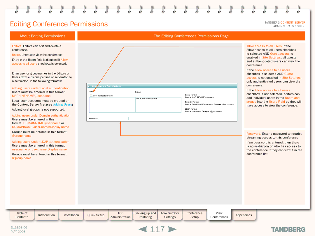 TANDBERG S3.1 manual 117, Editing Conference Permissions, About Editing Permissions, Editing Conferences Permissions 