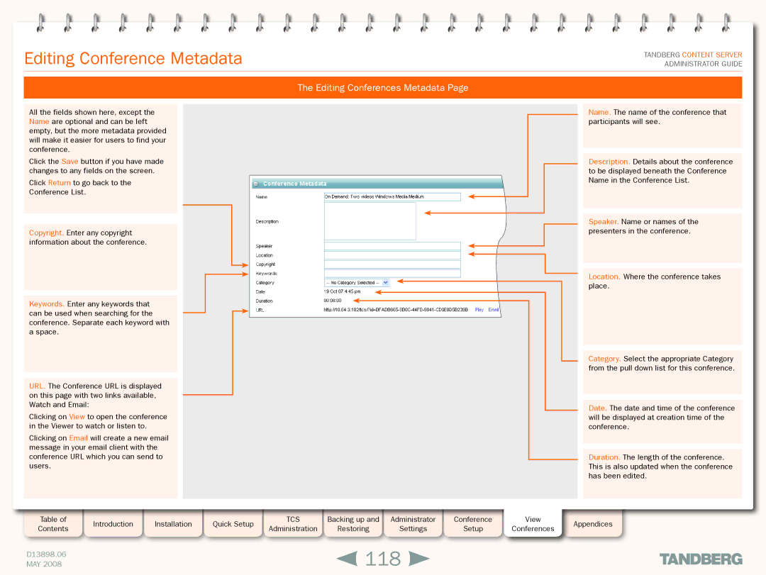 TANDBERG S3.1 manual 118, Editing Conference Metadata, Editing Conferences Metadata 