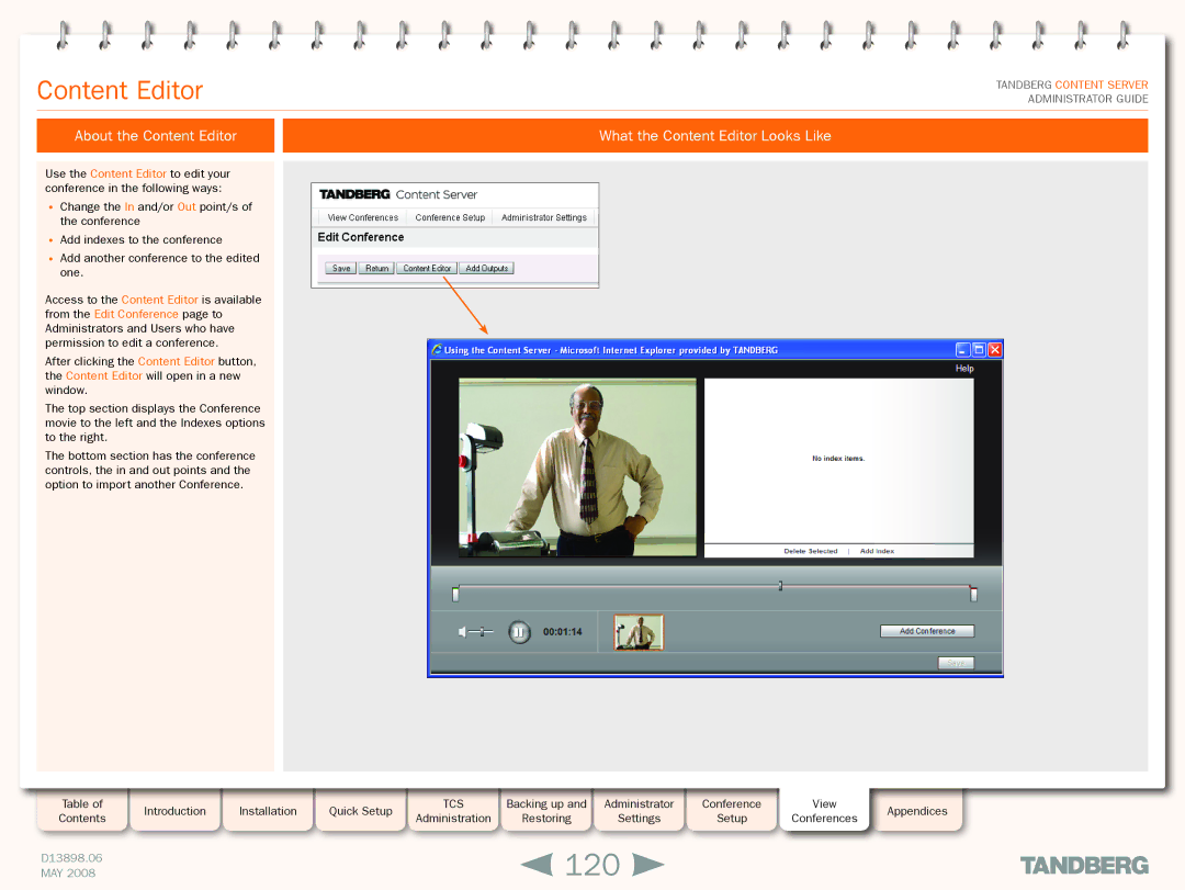 TANDBERG S3.1 manual 120, About the Content Editor What the Content Editor Looks Like 