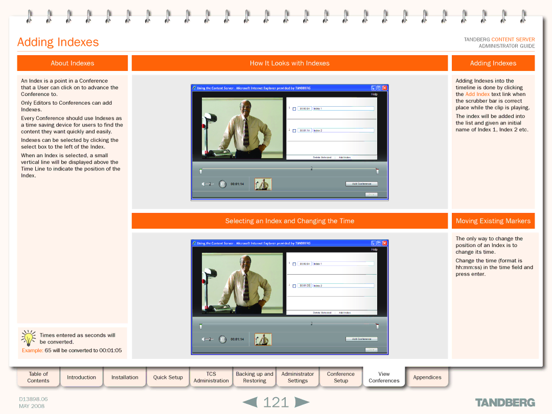 TANDBERG S3.1 121, About Indexes How It Looks with Indexes Adding Indexes, Selecting an Index and Changing the Time 