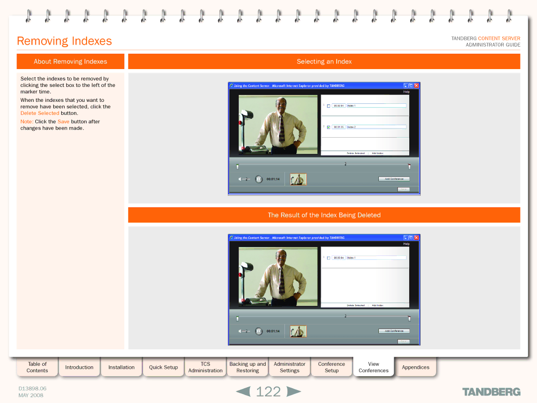 TANDBERG S3.1 manual 122, About Removing Indexes, Selecting an Index Result of the Index Being Deleted 