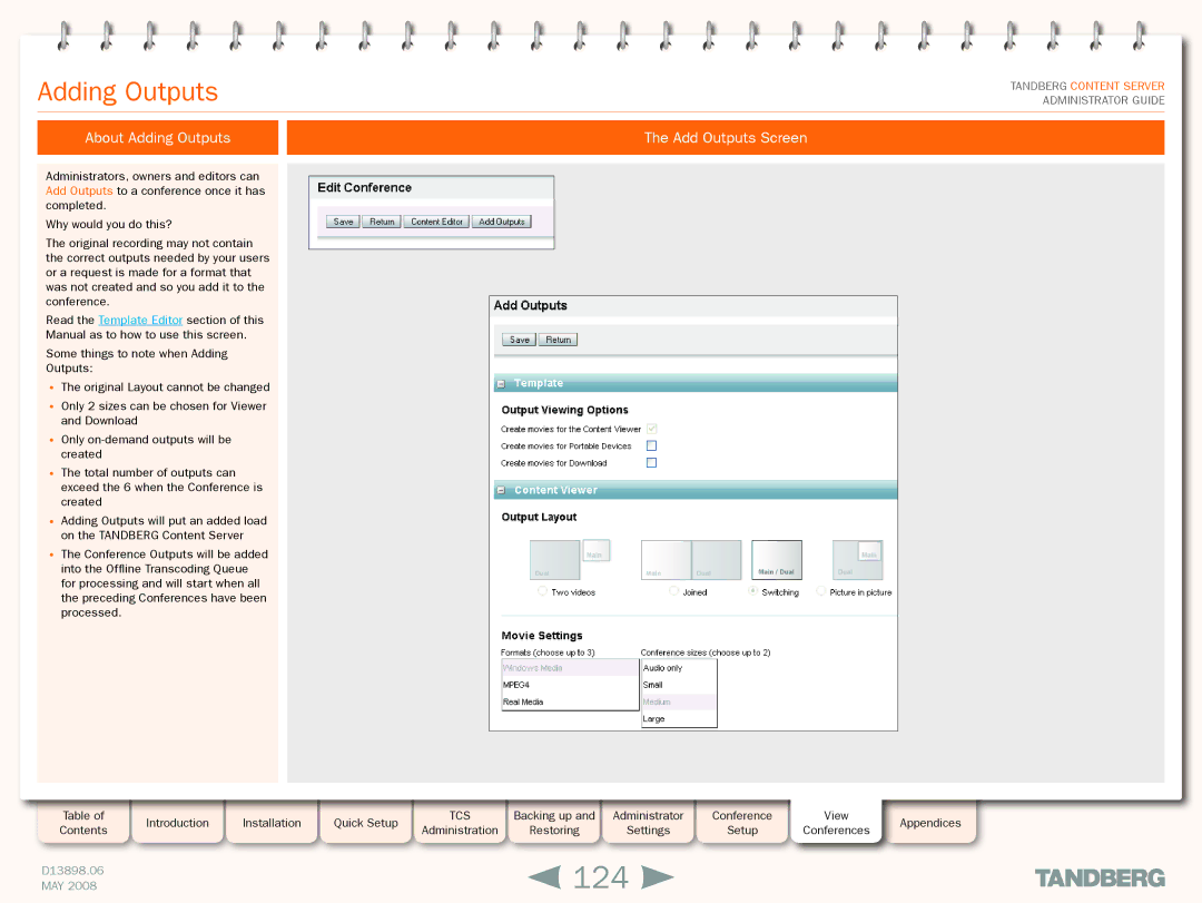 TANDBERG S3.1 manual 124, About Adding Outputs Add Outputs Screen 