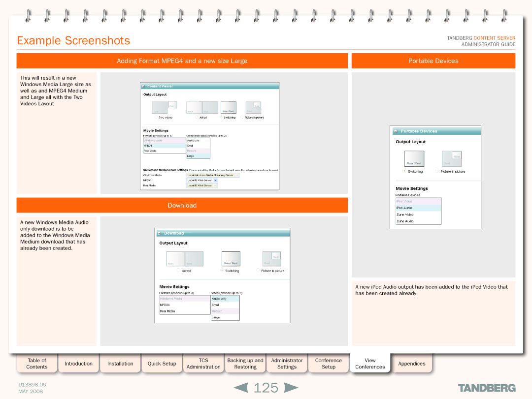 TANDBERG S3.1 manual 125, Example Screenshots, Adding Format MPEG4 and a new size Large, Download, Portable Devices 