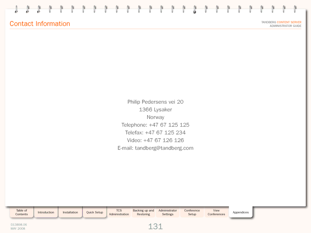 TANDBERG S3.1 manual 131, Contact Information 