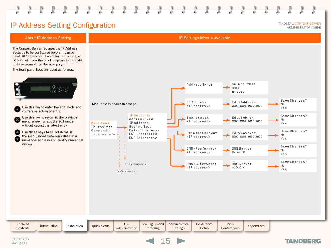 TANDBERG S3.1 manual IP Address Setting Configuration, About IP Address Setting IP Settings Menus Available 