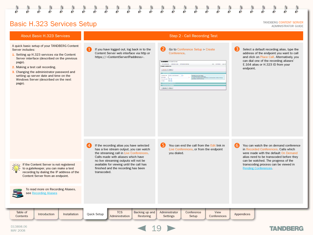 TANDBERG S3.1 manual Call Recording Test,  Go to Conference Setup Create Conference 