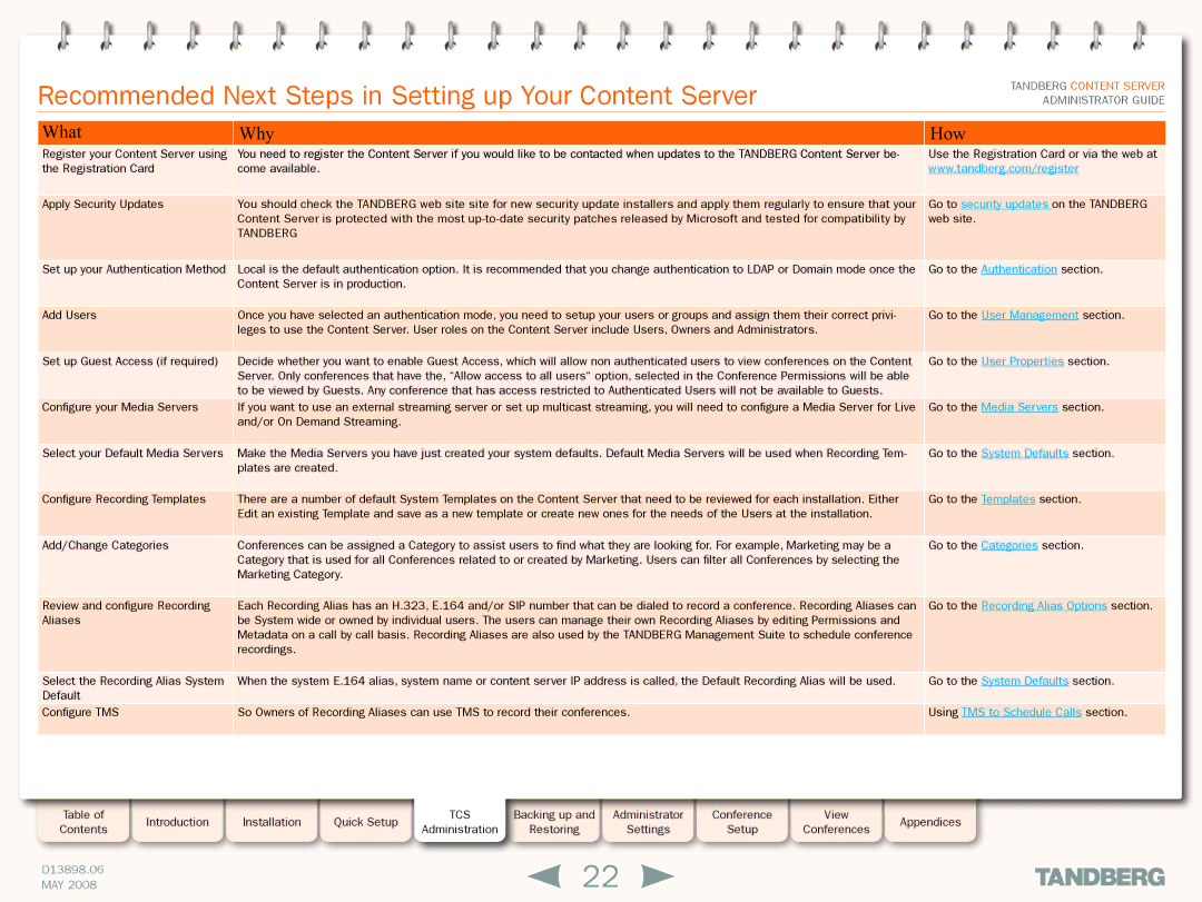 TANDBERG S3.1 manual Recommended Next Steps in Setting up Your Content Server, What Why How 