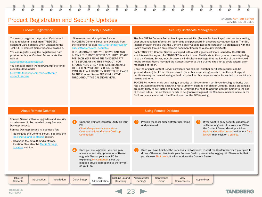 TANDBERG S3.1 manual Product Registration and Security Updates, About Remote Desktop, Using Remote Desktop 