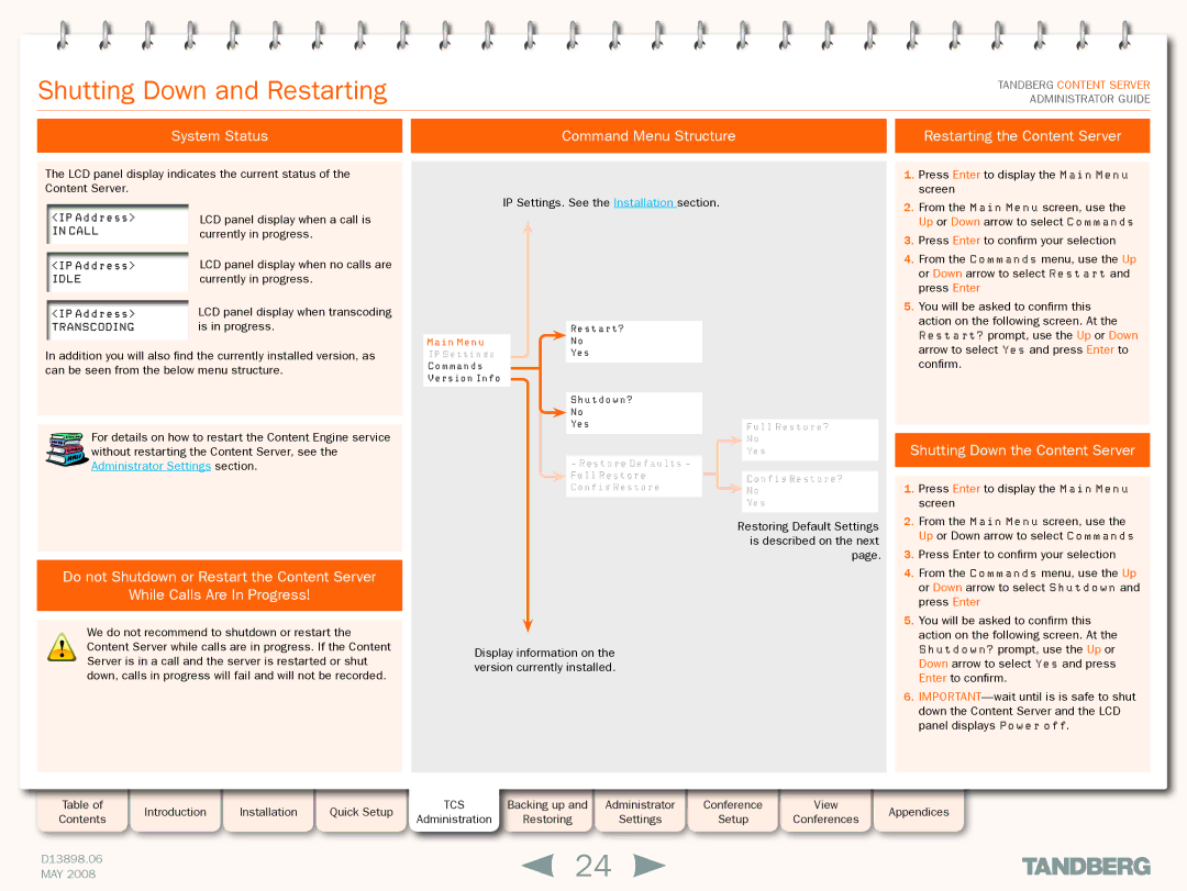 TANDBERG S3.1 manual Shutting Down and Restarting, Shutting Down the Content Server 