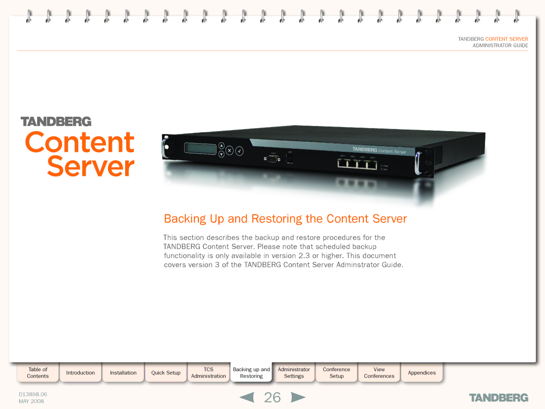 TANDBERG S3.1 manual Backing Up and Restoring the Content Server 