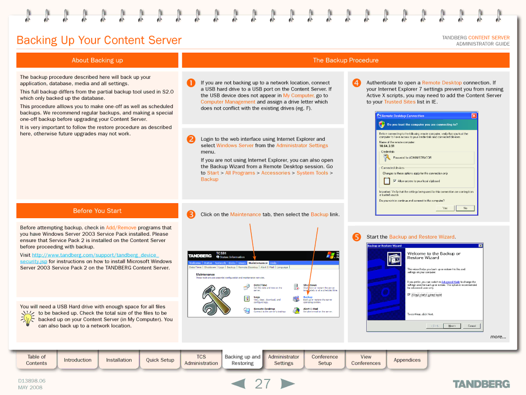 TANDBERG S3.1 manual Backing Up Your Content Server, About Backing up Backup Procedure, Before You Start 