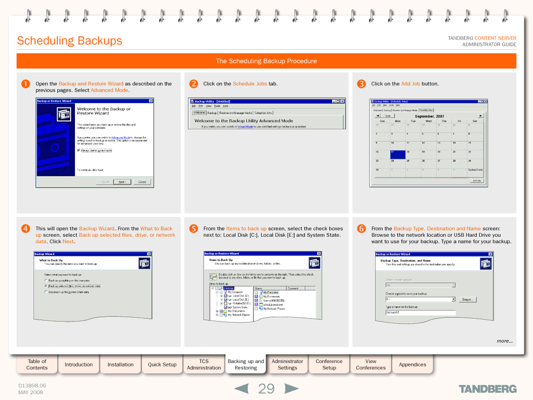 TANDBERG S3.1 manual Scheduling Backups, Scheduling Backup Procedure 