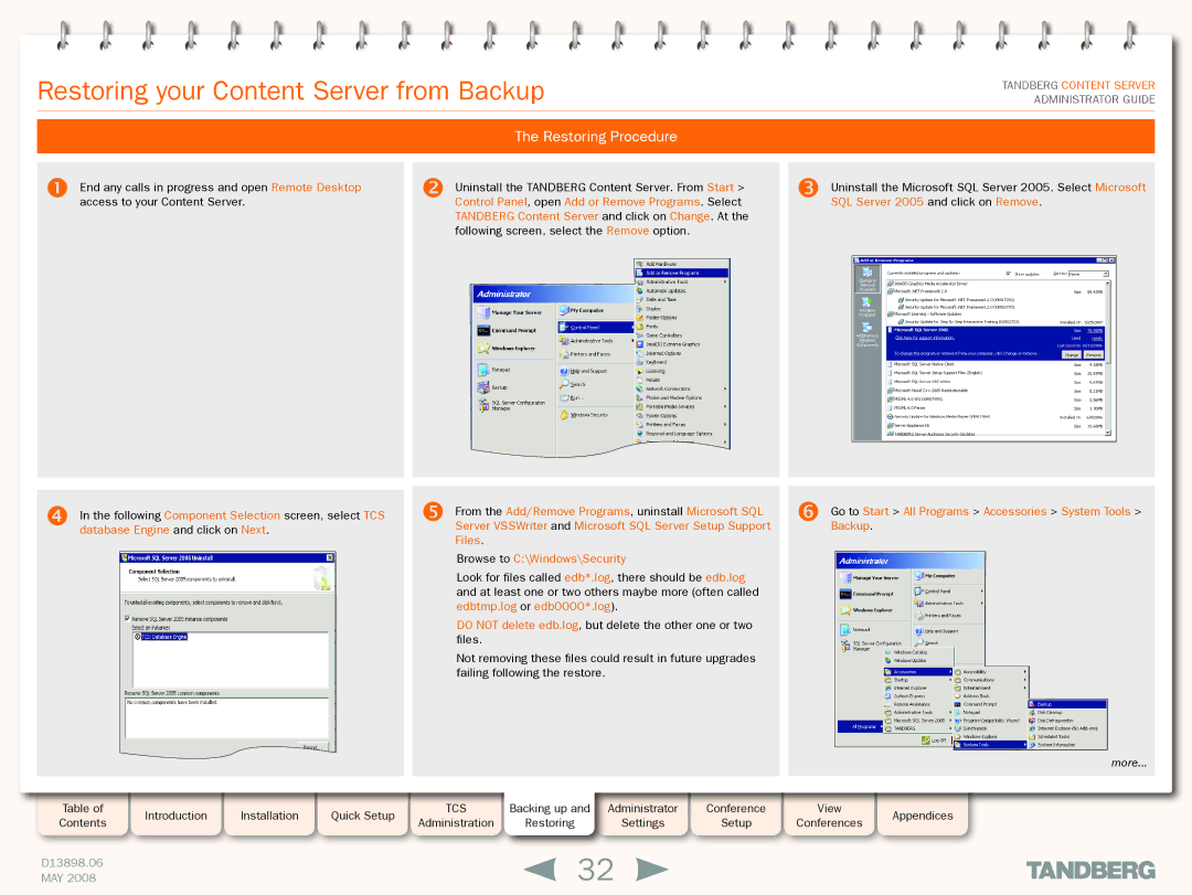 TANDBERG S3.1 manual Restoring your Content Server from Backup, Restoring Procedure 