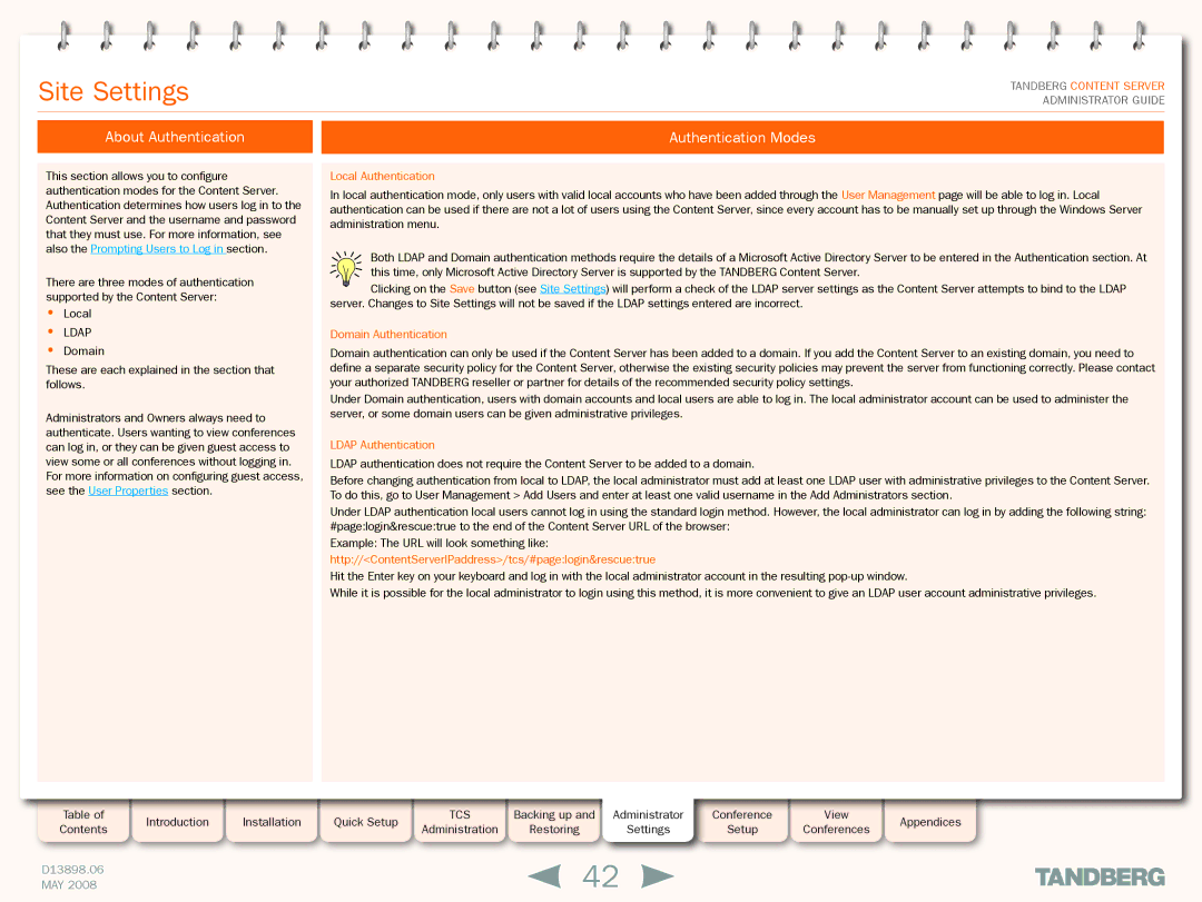 TANDBERG S3.1 About Authentication, Authentication Modes, Local Authentication, Domain Authentication, Ldap Authentication 