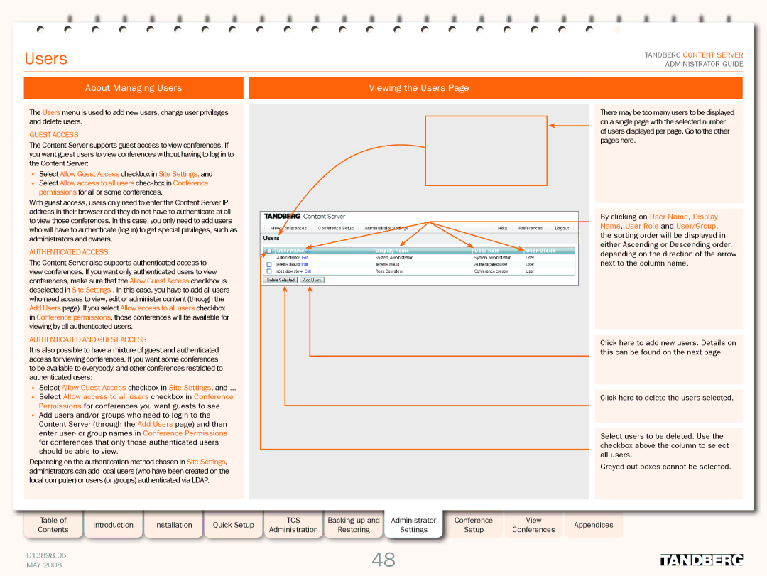 TANDBERG S3.1 manual About Managing Users Viewing the Users, Select Allow Guest Access checkbox in Site Settings 