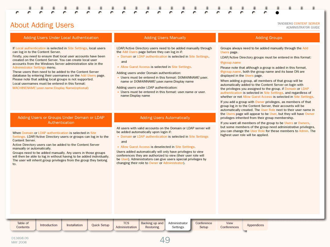 TANDBERG S3.1 manual About Adding Users, Adding Users Under Local Authentication Adding Groups, Adding Users Automatically 