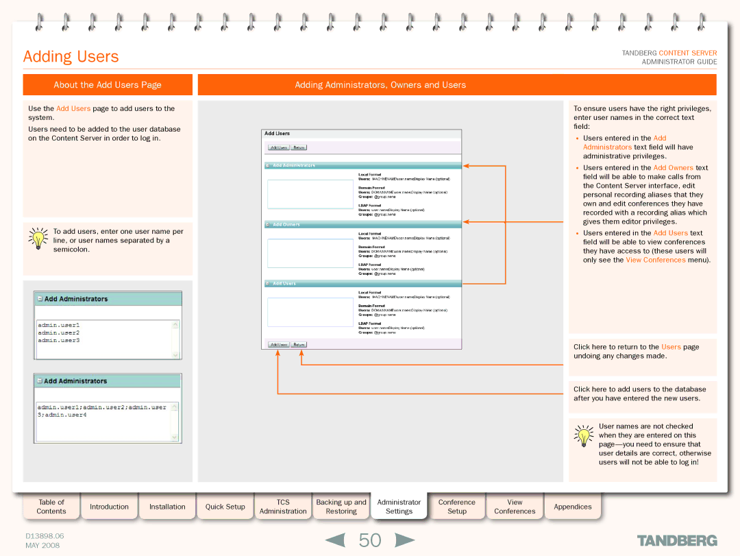 TANDBERG S3.1 manual Adding Users, About the Add Users, Adding Administrators, Owners and Users 